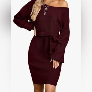 Black, belted off the shoulder sweater dress